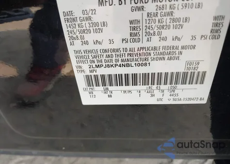 2022 Lincoln Nautilus Reserve из США, поврежденный, VIN 2LMPJ8KP4NBL10081